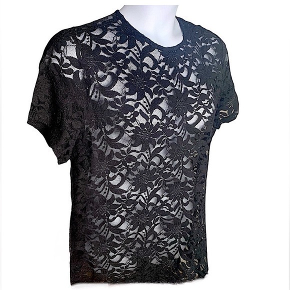 torrid Tops - TORRID Deep Black Sheer Stretch‎ Lace Crew Neck Tee NWT